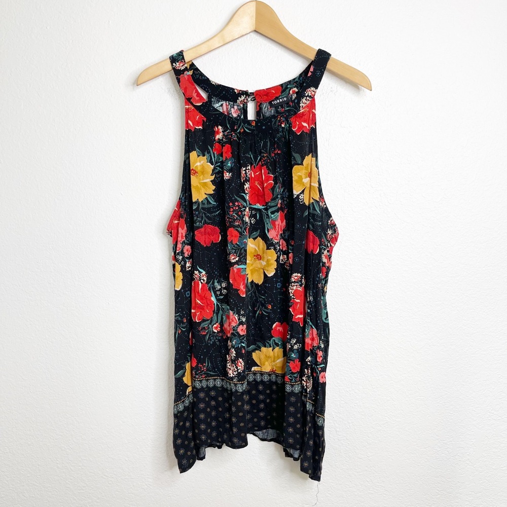 Torrid Floral Halter Tank Top Black Red Yellow Plus Size 3 High Neck Keyhole